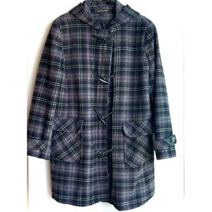 plaid wool coat with toggles pockets hood cute !!